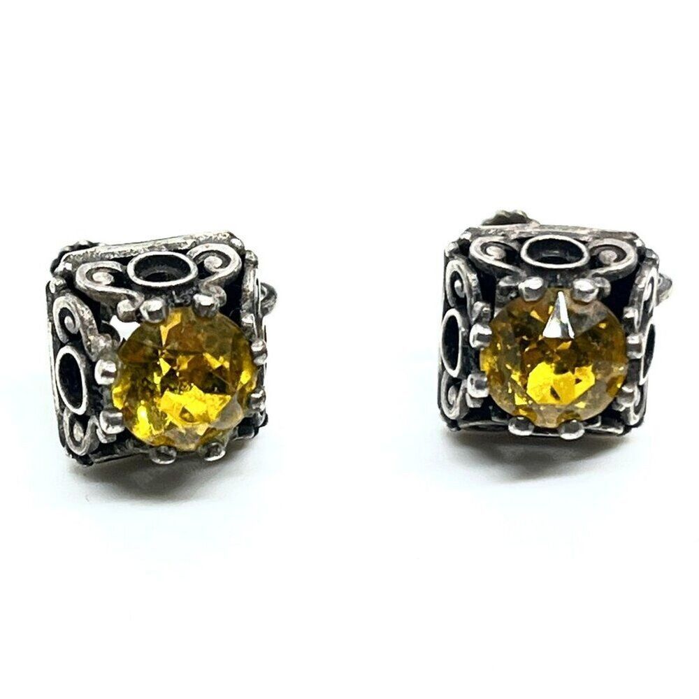 VINTAGE Yellow Rhinestone Earrings Silver Tone Screw Back Ornate Filigree Cube A
